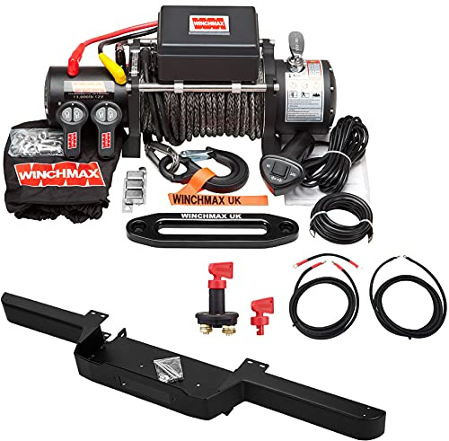 WINCHMAX 13,500lb (6,123kg) Military Grade 12v Electric Winch. 28m x 11mm Dyneema Synthetic Rope. Competition Hook. Bumper Compatible with Defender.