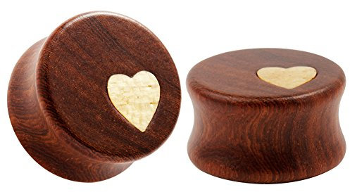 KUBOOZ Natur rote Sandelholz hölzernen Steckern prägnanten Stil Herz/Blume Design Ohr durchbohrt 8-25mm (25mm, 0.001 Unzen, 2 Stück, Unisex, Klassisch, Casual mit Herz-Design, Ohrringe, Ohr Tunnel)
