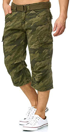 Indicode Herren Nicolas Check 3/4 Cargo-Shorts inkl. Gürtel | Herrenshorts aus Baumwolle Dired Camouflage, M