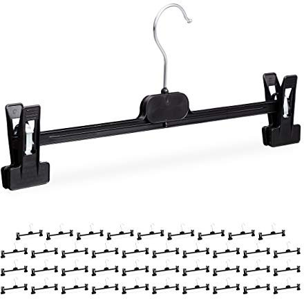 Relaxdays 40 x Hosenbügel Kunststoff, Klemmbügel verstellbar, drehbarer Metallhaken, Rockbügel, HxBxT: 14 x 36 x 3 cm, schwarz