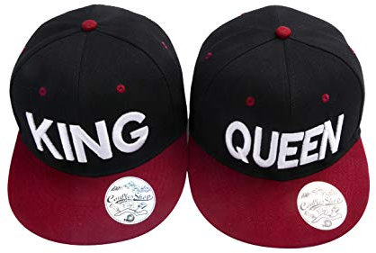 Tom's Couples Shop Partner Cap King Queen Snapback Set Liebhaber Paare Kappe Basecap Mütze für für Pärchen 3D Bestickte Paar (Schwarz + Weinrot)