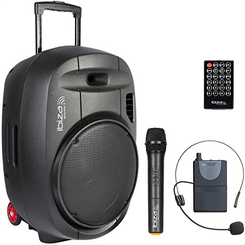 Ibiza - PORT15UHF-MKII-TWS - Enceinte Portable de 15”/800W Max avec 2 micros (UHF), télécommande et Housse de Protection - Bluetooth, USB, SD & TWS - Autonomie de 6 à 8h