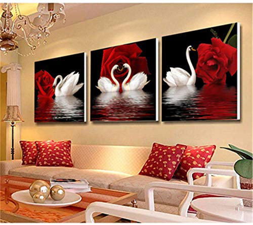 Nicole Knupfer Triptychon 5D Diamant Painting Kit Full Bohrer Rose Schwan Diamond Painting Strass Malerei Wohnzimmer Schlafzimmer Wanddekoration (120 * 40cm)