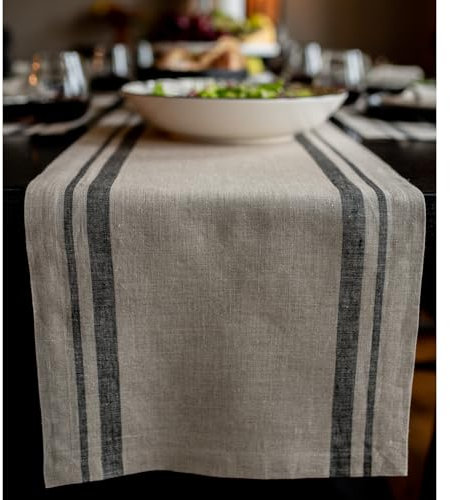 Solino Home Tischläufer aus Leinen, gestreift, 100 % reines Leinen, 35,6 x 121,9 cm, französische Streifen, maschinenwaschbar, Bauernhaus-Tischläufer, 121,9 cm, Schwarz und Natur