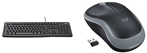 Logitech K120 Wired Keyboard for Windows, Black & M185 Wireless Mouse, 2.4GHz with USB Mini Receiver, 12-Month Battery Life, 1000 DPI Optical Tracking, Ambidextrous, Grey