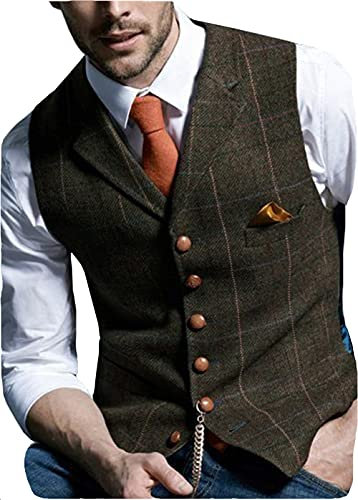 HSLS Herren Retro Frack Weste Plaid Wollweste Lässiger Tweed Fischgrätenmuster für Smoking(L, Kaffee)