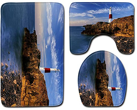 FANSU rutschfeste Badematten Set 3 Teilig, Weich Mikrofaser Badezimmerteppich Waschbar WC-Deckelbezug und Saugfähig U-FöRmige Badvorleger für Badewanne, Dusche (50x80cm,Leuchtturm Insel)