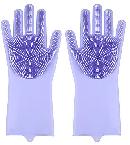 Guantes de esponja para lavar platos de cocina, guantes de silicona, guantes de limpieza de goma reutilizables, guantes de silicona para lavar platos (morado)