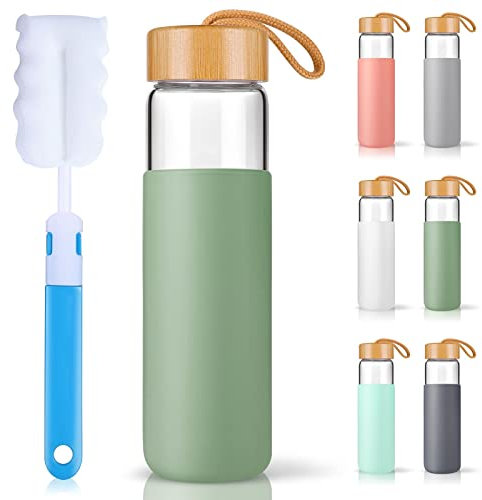 Yomious Borosilicate Glass Water Bottle with Bamboo Lid and Silicone Sleeve – BPA Free (Olive)