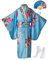 Girl Kimono Kids Dress Traditional Clothing Silk Fabric Robe Wedding Wear Party Performance Gown,Cosplay Costume Set with Folding Fans and Tabi Socks,150 CM,Blue