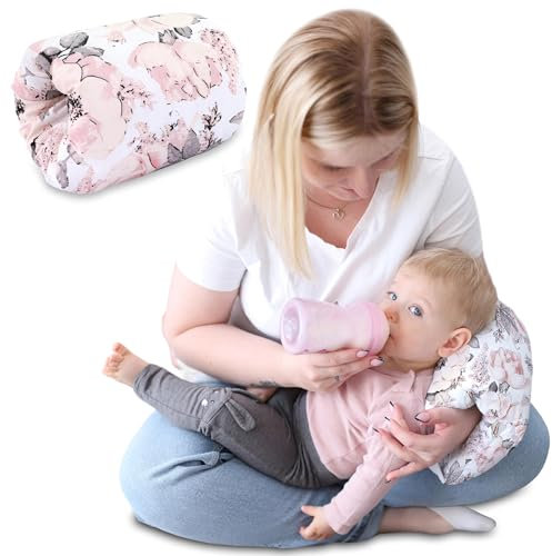 Stillkissen klein Breastfeeding und Nursing Pillow für unterwegs 20 cm - Stillmuff Armkissen und Lagerungskissen Baby Arm Still Kissen aus weicher Baumwolle Oeko-Tex Wilde Rose Weiß