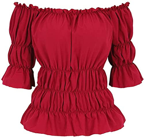 Hengzhifeng Steampunk Renaissance Blouse Women Half Sleeve Boho Off Shoulder Peasant Shirt (UK 10-12,Red)