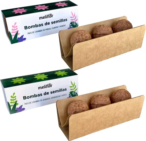 Meliflor Bombas de Semillas Aromaticas (Perejil, Cilantro,Romero, Albahaca, Hierbabuena y Menta) Pack de 6und. Variedad medicinal y culinario. Al estilo de reforestación Japonés.