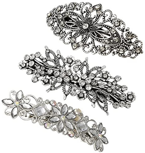 LEEQ Pasadores grandes de flores de diamantes de imitación para novia boda plata diseño de flores de perlas de cristal clip el pelo estilo antiguo accesorios el cabello mujeres y niñas (3 Piezas)