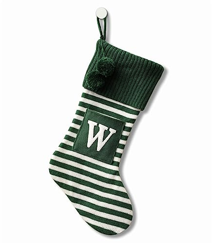 20 Inches Initial Monogram Embroidered Christmas Stocking Striped knitted Christmas Decorations Stocking Red,White, Green Letter Stockings for Family Holiday and Xmas Tree Fireplace Decor-50-W-Green