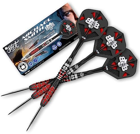 Shot! Steel Darts | Michael Smith Bully Boy Tenacious Matchdart | 90% Tungsten Steeltip Darts | Steeldart | Hochwertige Dartpfeile Set mit Schäften und Flights | Made in Neuseeland | 23 Gramm