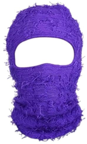 HIQIU Distressed Balaclava Vollgesicht Ski Gesichtsmaske Winddicht Gestrickte Vollgesicht Ski Cover Halswärmer für Damen Herren (Lila)