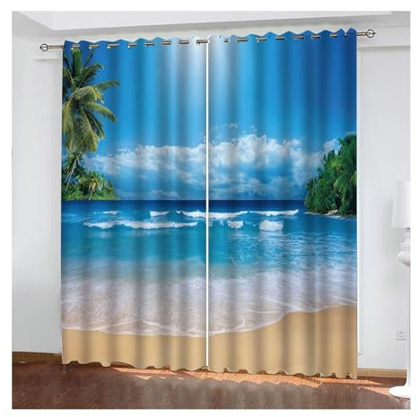 Gardinen, Schiebegardinen Blau Strand Vorhang Polyester Gardinen 2er Set 137x115cm(WxH)