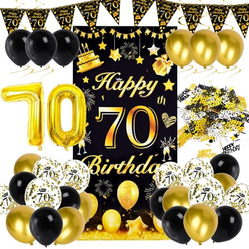 Ziwijity 70. Geburtstag Dekorationen Schwarz und Gold Backdrop Banner Luftballons, Nummer Folie 70 Luftballons, 70 Jahre alt Geburtstag Party Dekoration für Frauen männer (70. Schwarzgold)