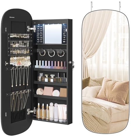 SONGMICS Jewelry Organizer, LED Jewelry Cabinet Wall/Door Mounted, Lockable Rounded Wide Mirror with Storage, Interior Mirror, 3.9 x 16.5 x 42.5 Inches, Black Surface with Black Lining
