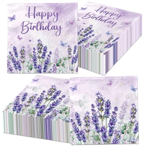 Juweked 40 Stück Lavendel-Servietten, Einweg-Papierservietten, Schmetterling, Cocktail-Servietten, lila, Geschirr, Blumenservietten, Papier, Lavendel, Geburtstagsdekorationen, violett, Partyzubehör