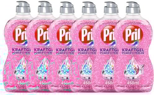 PRIL Kraft Gel Power & Perlen (6x 450 ml), Handgeschirrspülmittel mit hoher Fettlösekraft, für sauberes Geschirr mit brillantem Glanz und Frische-Boost