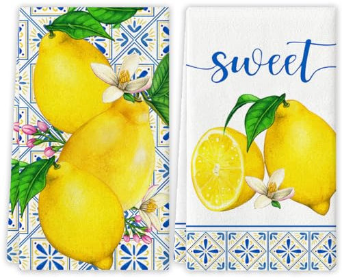 Sommer-Zitronen-Küchentücher, Frühling, italienische Zitronen, Geschirrtücher, mediterrane Party, Geschirrtücher, Italien, Zitronendekor, Cyanblau, Fliesen, Jute, künstliche Früchte, Bauernhaus,