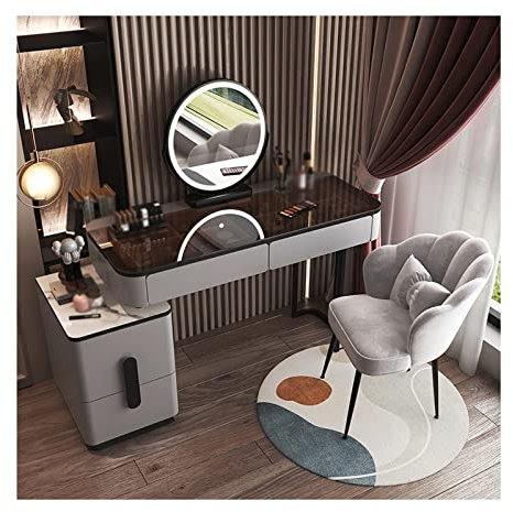 Juego de tocador de cristal, tocador, maquillaje, moderno, simple, avanzado, de madera, tocador, dormitorio, tocador, espejo inteligente, taburete de maquillaje, tocador, escritorio para mujeres/niña