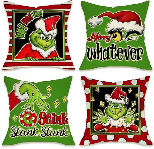 Dekorativer Kissenbezug mit Aufschrift Merry Christmas Whatever Strip, 45,7 x 45,7 cm, 4 Stück, Weihnachtsmütze, Hohohoho, Winter, Urlaub, Veranda, Terrasse, Stink-Stank, Stunk Polka Dot Kissenbezug