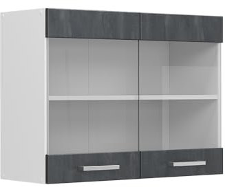 Vicco Küchenglasschrank R-Line, Glashängeschrank, Schwarz Beton/Weiß, 80 cm