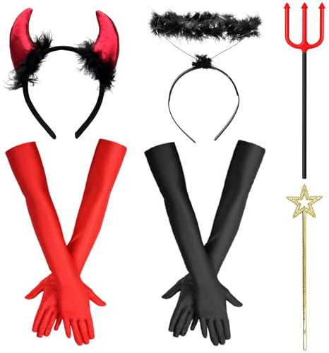 Teufel kostüm Damen Mädchen, Karneval Teufel kostüm, 6stk Halloween Accessoires,LTeufel Haarreifen Teufelshörner Heiligenschein Haarreifen Dreizack Zauberstab Karneval Fasching Halloween Cosplay Party
