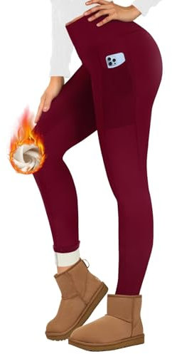 Missluck Fleece Lined Leggings Women UK with Pockets Thermal Leggings Womens High Waisted in Winter(Wine Red,M)