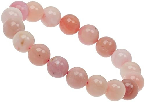 ELEDORO Bracelet de perles en véritable opale rose – Bracelet extensible avec perles de pierres précieuses de 10 mm – Bijou fait à la main, Véritable pierre précieuse opale rose, Opale rose