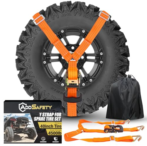 AddSafety Y-Gurt für Ersatzreifen, 3 Ratschengurte gebunden, robuster Ersatzreifengurt für UTV, Dachgepäckträger, Ersatzreifenhalterung, LKW (Orange)
