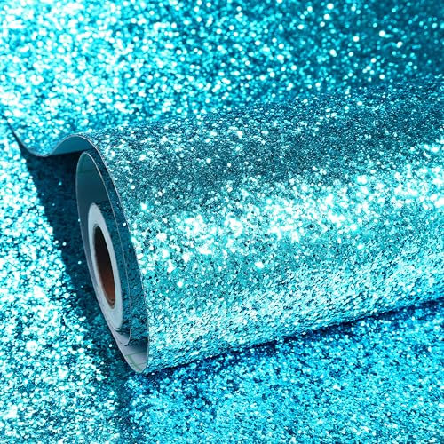 ReWallpaper 60CM×5M Light Blue Glitter Wallpaper for Bedroom Bathroom Sparkly Wall Paper Roll Living Room Blue Decorative Paper for Crafts Furniture Stickers Self Adhesive Waterproof