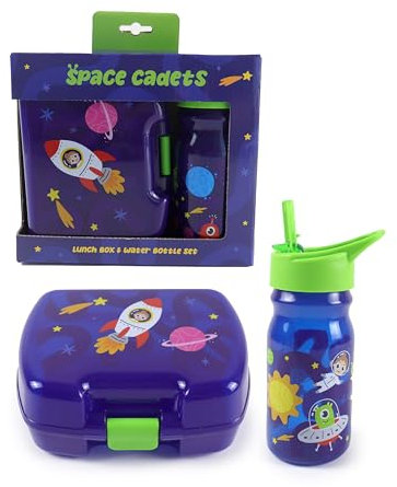 Puckator Set Porta Merenda per Bambino (Contenitore Porta Pranzo per Alimenti & Borraccia) a Tema Spazio, Senza BPA