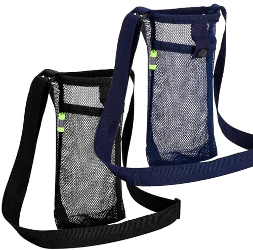 YUYWWAN 2 Stück Wasserflaschenhalter, Mesh Wasserflaschenhüllen mit Verstellbarem Schultergurt, Tragbare Trinkflasche Tasche Flaschenhalter für Sommer Fitness Wandern Radfahren (Schwarz+Navyblau, M)