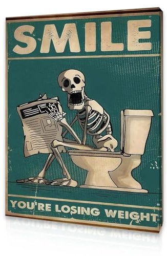 Qiukoo Wall Art Funny Skeleton Picture for Toilet – Framed Bathroom Sign with Hooks, Waterproof and Moisture-Resistant Artwork, Humorous Bathroom Decor Gift, 12x16 Inch