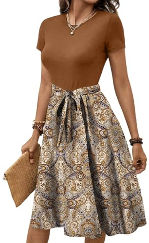 Sommerkleid Damen Kleid Elegant Kurze Ärmel mit Blumenmuster Boho Milkmaid Dress T Shirt Frühlingskleid Firmung Kleider Lang Hochzeitsgast Freizeitkleid Bauchweg Teenager Hochzeitskleid