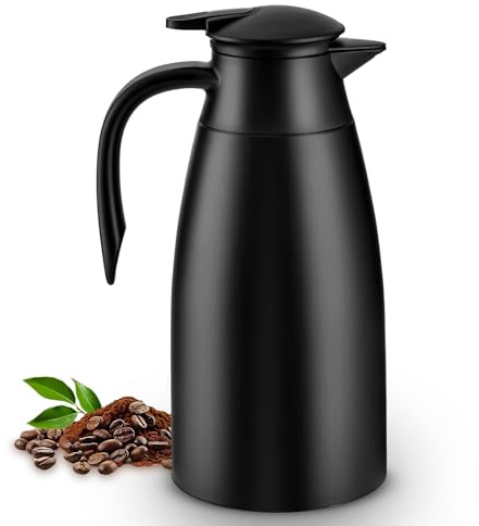 Nymblis 2L Thermal Coffee Carafe, Double-Walled Vacuum Insulated Thermal Jug with Press Button Top, Stainless Steel Coffee Pot with Brush for Hot &Cold Drinks, Tea, Milk (Black)