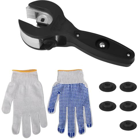 Tinoaly Coupe-Tube à Cliquet, Coupe-Tube Compact 2 en 1 8 à 29mm avec 5pcs Lames Rechange et Gants Outils Pratiques pour PPR PVC Métal Acier Inoxydable Cuivre Aluminium