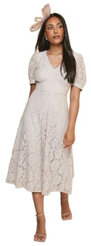 Wallis Petite Women’s Lace Pattern Wedding Guest Occasionwear Dress V-Neck Puff Short Sleeve Sophisticated Midi Dress, Petite, V-Neck, Midi Length