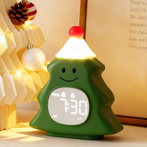 Yiliaw Kinderwecker mit Nachtlicht, Weihnachtsbaum-Weckuhr, wiederaufladbarer süßer Wecker fürs Schlafzimmer, Jungen und Mädchen, Grün