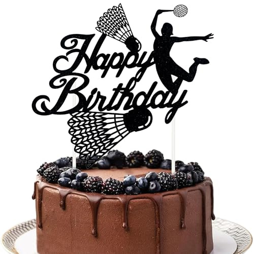 Badminton Happy Birthday Cake Topper - Black Glitter Badminton Cake Decoration for Badminton Theme Party, Birthday Party Cake Decor Supplies