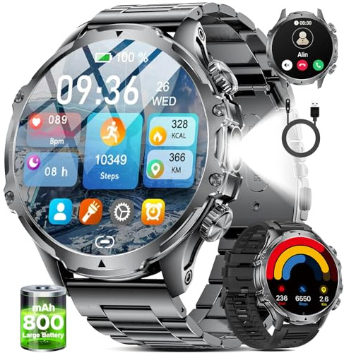 SUNKTA Smartwatch Herren Militär,800 mAh Akku/1,85'' HD-Display-Sportuhr mit Taschenlampe/100+ Sportmodi,IP68 Wasserdicht Fitnessuhr mit SpO2/Herzfrequenz,Schlafmonitor für Android/iOS 2 Armbänders