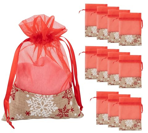 Idena 90418 - Organzabeutel ca. 13 x 18 cm, 12 Stück, Säckchen mit Schneeflocken-Motiv, Weihnachtssack mit roter Kordel, Geschenkbeutel für Weihnachten