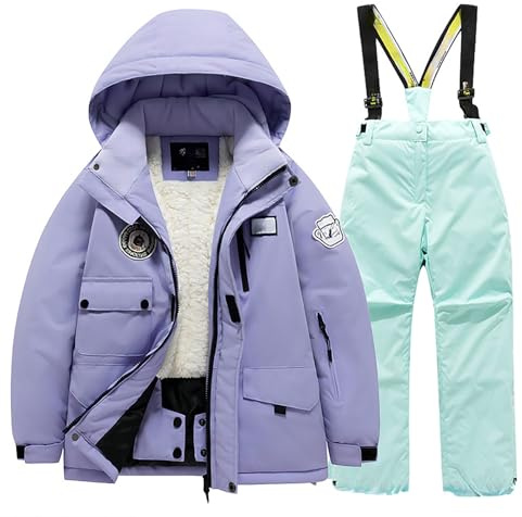 Generisch Combinaison de ski pour enfant - Avec poche polaire - Veste et pantalon d'hiver coupe-vent - Snowboard - Unisexe - Pour l'hiver, vert, 14-16 ans