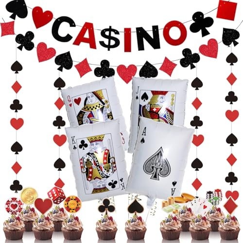 Dncvb Casino Deko 34 Stück Casino Party Deko Spielkarten Deko | Las Vegas Poker Dekoration mit Girlande Tortendeko Luftballons für Casino Nachtparty Geburtstag Mottoparty Dekoration