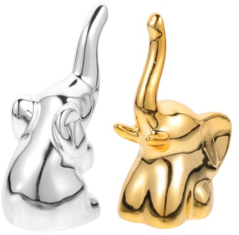 OSALADI Présentoirs à Bagues en Céramique Éléphant 2pcs, Organisateurs Légers pour Rangement de Bijoux, Design Unique Décoratif Or et Argenté, pour Table Moderne