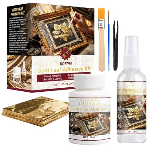 Blattgold Kleber Set, Anlegemilch für Blattgold, 50 ml Kleber und 50 ml Schutzlack auf Wasserbasis, Blattgold zum Basteln 50 Stück, Gold Leaf Adhesive, Metallfolienblätter, Handwerk, Vergoldung